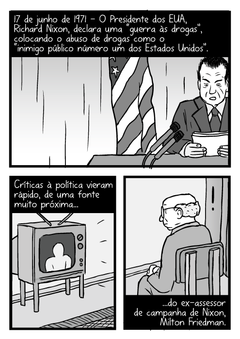 Cartum do discurso de Nixon. Desenho de homem assistindo televisão. 17 de junho de 1971 - O Presidente dos EUA, Richard Nixon, declara uma “guerra às drogas”, colocando o abuso de drogas como o “inimigo público número um dos Estados Unidos”. Críticas à política vieram rápido, de uma fonte muito próxima...do ex-assessor de campanha de Nixon, Milton Friedman.