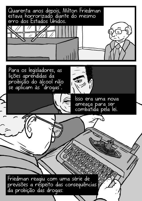 Cartum de vista de cima de homem usando máquina de escrever. Desenho de Milton Firedman. Quarenta anos depois, Milton Friedman estava horrorizado diante do mesmo erro dos Estados Unidos. Para os legisladores, as lições aprendidas da proibição do álcool não se aplicam às “drogas”. Isso era uma nova ameaça para ser combatida pela lei. Friedman reagiu com uma série de previsões a respeito das consequências da probição das drogas: