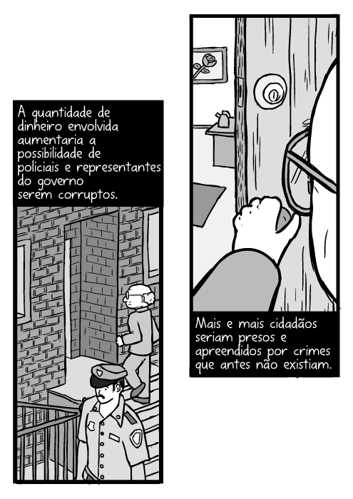 Cartum de homem careca com óculos. Desenho de Milton Friedman andando. A quantidade de dinheiro envolvida aumentaria a possibilidade de policiais e representantes do governo serem corruptos. Mais e mais cidadãos seriam presos e apreendidos por crimes que antes não existiam.