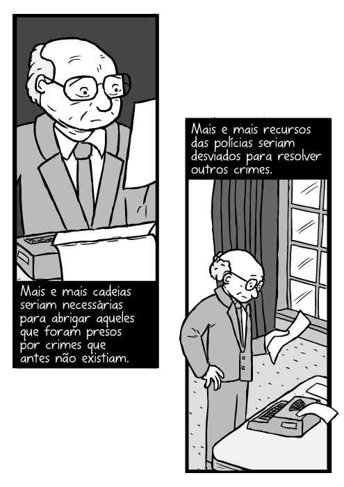 Cartum de Milton Friedman lendo jornal. Desenho de homem em pé perto de mesa com máquina de escrever. Mais e mais cadeias seriam necessárias para abrigar aqueles que foram presos por crimes que antes não existiam. Mais e mais recursos das polícias seriam desviados para resolver outros crimes.