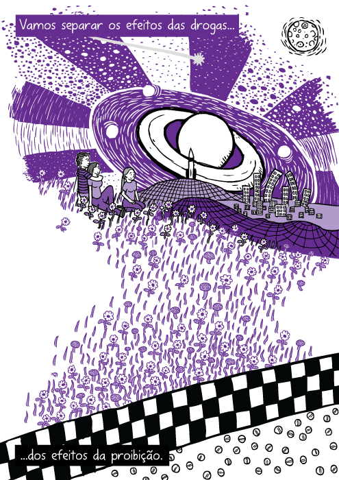 Desenho roxo viagem drogas. Cartum amigos sentados grama. Vamos separar os efeitos das drogas...dos efeitos da proibição.