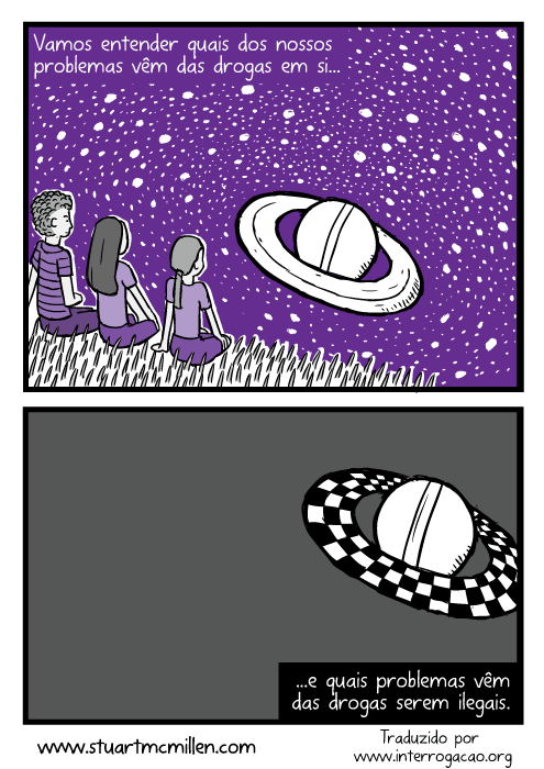 Cartum roxo amigos olhando saturno. Desenho quadrinho anéis de saturno. Vamos entender quais dos nossos problemas vêm das drogas em si...e quais problemas vêm das drogas serem ilegais.