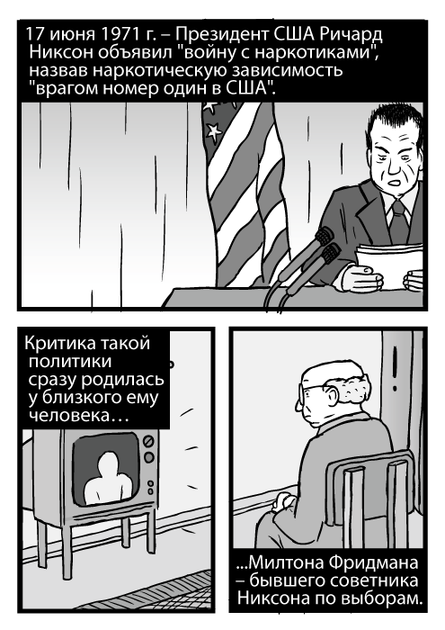 Комикс изображает выступление Ричарда Никсона. Рисунок мужчины, смотрящего телевизор. 17 июня 1971 г. – Президент США Ричард Никсон объявил 