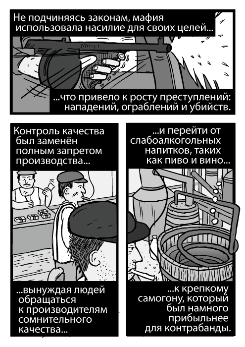 Картинка стрельбы из пулемёта. Подпольный алкоголь. Самогонный аппарат. Не подчиняясь законам, мафия использовала насилие для своих целей что привело к росту преступлений: нападений, ограблений и убийств. Контроль качества был заменён полным запретом производства вынуждая людей обращаться к производителям сомнительного качества и перейти от слабоалкогольных напитков, таких как пиво и вино к крепкому самогону, который был намного прибыльнее для контрабанды.