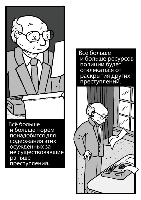 Рисунок Милтона Фридмана, читающего газету. Изображение мужчины, стоящего рядом со столом с пишущей машинкой. Всё больше и больше тюрем понадобится для содержания этих осуждённых за не существовавшие раньше преступления. Всё больше и больше ресурсов полиции будет отвлекаться от раскрытия других преступлений.