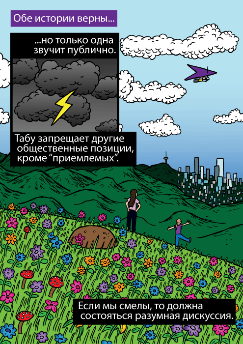 Красочный рисунок цветов на вершине горы. Карикатурная девочка смотрит с горы на город вдали. Обе истории верны но только одна звучит публично. Табу запрещает другие общественные позиции, кроме “приемлемых”. Если мы смелы, то должна состояться разумная дискуссия.