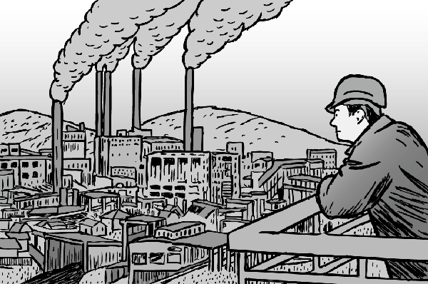 Factory worker portrait - black and white cartoon artwork