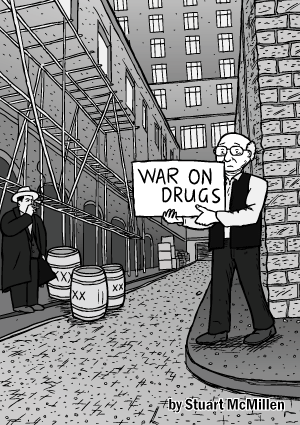 War on Drugs comic cover. Man in alley holding sign drawing. Bob Dylan alleyway Subterranean Homesick Blues cue cards. Cartoon Milton Friedman. Al Capone.