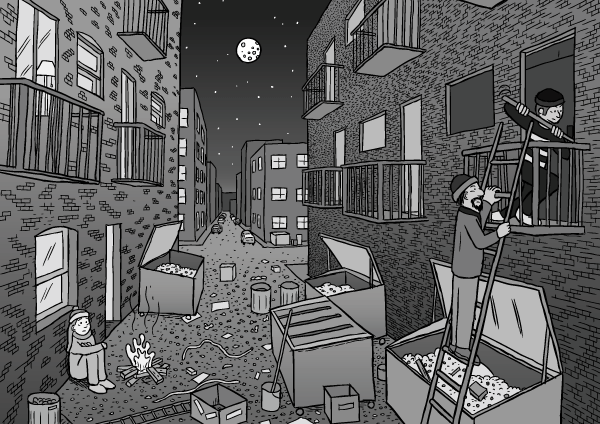 Comic artwork dark alleyway night drawing. Cartoon perspective drawing of city alley dumpsters balconies.