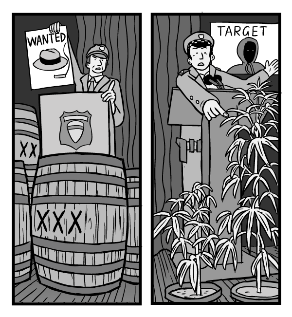 War on Drugs prohibition comic drawing. Two police commissioners at news conference - low angle. One standing in front of a barrel of liquor, the other standing in front of cannabis plants.