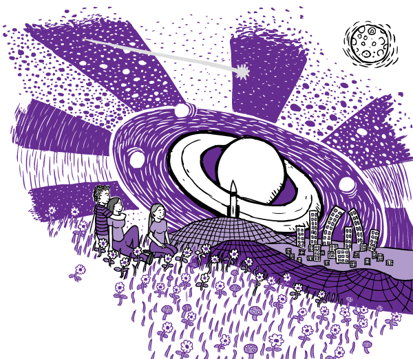 Cartoon purple drug trip. Drawing of three friends on drugs sitting on purple grass looking at warped city skyline. Stars, planet Saturn.