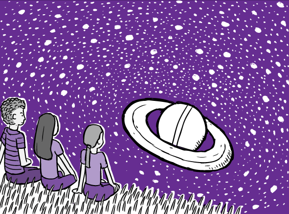 Cartoon drawing of three friends looking at purple night sky. White stars and Saturn on purple sky,