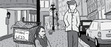 Cartoon streetscape with pedestrian looking at homeless man begging for money