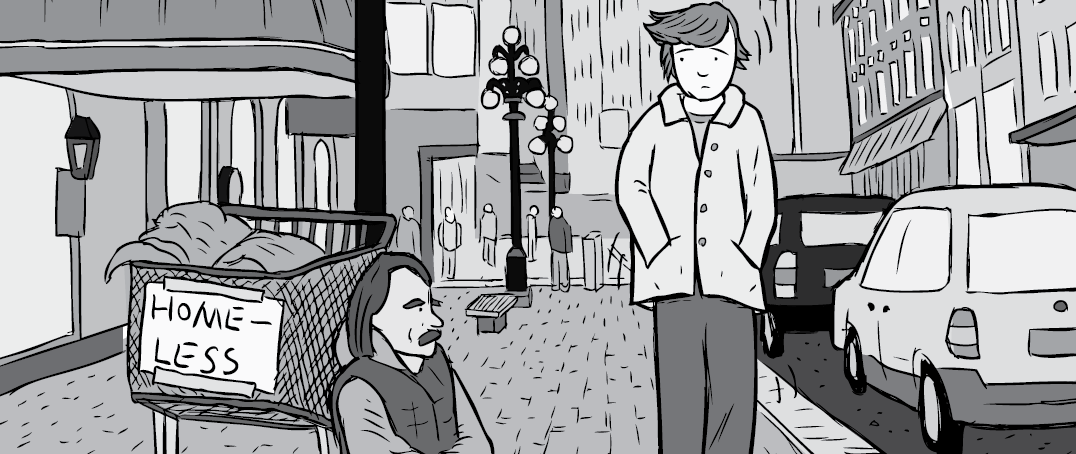 Cartoon streetscape with pedestrian looking at homeless man begging for money