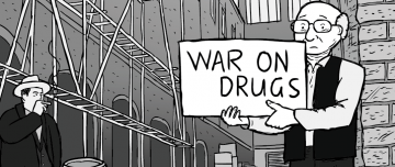 My drug period thumbnail - Milton Friedman standing in an alleyway cartoon.
