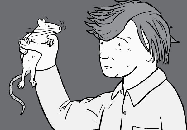 Cartoon illustration of Professor Bruce Alexander holding a rat. Prof Alexander was a researcher in the Rat Park addiction experiments.