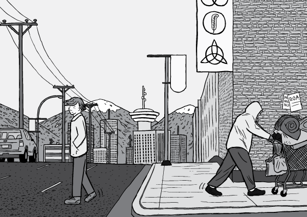 Black and white cartoon of Vancouver skyline. Cartoon man crossing the road, drawing of homeless man pushing shopping cart. Mountains and Harbour Centre in the background.