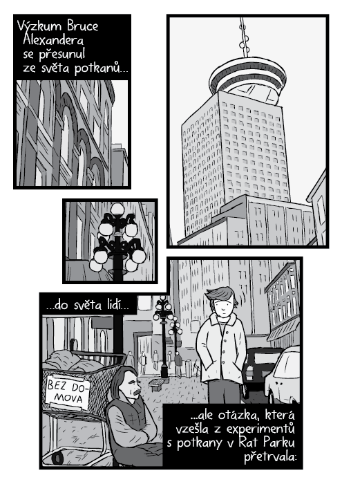 Komiks Vancouver Harbour Centre podhled černobílá kresba. Muž míjející bezdomovce sedícího na ulici. Výzkum Bruce Alexandera se přesunul ze světa potkanů… …do světa lidí… ale otázka, která vzešla z experimentů s potkany v Rat Parku přetrvala: