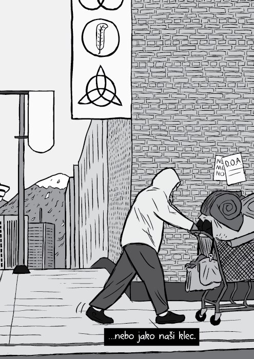 Komiks bezdomovec tlačící nákupní vozík černobílá kresba. …nebo jako naši klec.