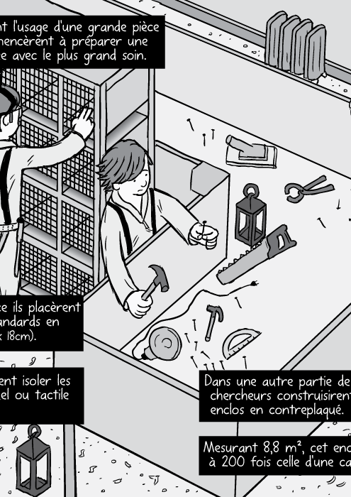 Le dessin d'un ensemble de cages de laboratoire standards. Dans une autre partie de la pièce , les chercheurs construisirent un vaste enclos en contreplaqué Mesurant 8,8 m2 , cet enclos avait une surface égale à 200 fois celle d'une cage standard de laboratoire.