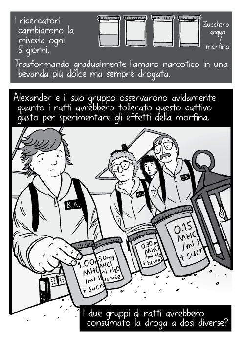 Inquadratura bassa di scienziati acchiappa fantasmi che prende un barattolo. Zucchero acqua / morfina. I ricercatori cambiarono la miscela ogni 5 giorni. Trasformando gradualmente l'amaro narcotico in una bevanda più dolce ma sempre drogata. Alexander e il suo gruppo osservarono avidamente quanto i ratti avrebbero tollerato questo cattivo gusto per sperimentare gli effetti della morfina. I due gruppi di ratti avrebbero consumato la droga a dosi diverse?