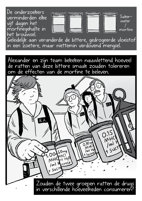 kikkerperspectief strip Ghostbusters wetenschappers nemen bokaal. Suikerwater / morfine. De onderzoekers verminderden elke vijf dagen het morfinegehalte in het brouwsel. Geleidelijk aan veranderde de bittere, gedrogeerde vloeistof in een zoetere, maar niettemin verdovend mengsel. Alexander en zijn team bekeken nauwlettend hoeveel de ratten van deze bittere smaak zouden tolereren om de effecten van de morfine te beleven. Zouden de twee groepen ratten de drugs in verschillende hoeveelheden consumeren?