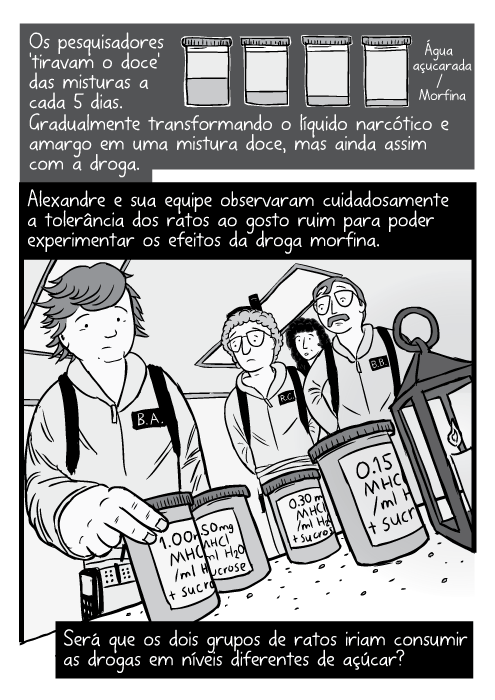 Cartum ângulo inferior cientistas Caça-Fantasmas pegando frasco. Água açucarada / Morfina. Os pesquisadores 'tiravam o doce' das misturas a cada 5 dias. Gradualmente transformando o líquido narcótico e amargo em uma mistura doce, mas ainda assim com a droga. Alexandre e sua equipe observaram cuidadosamente a tolerância dos ratos ao gosto ruim para poder experimentar os efeitos da droga morfina. Será que os dois grupos de ratos iriam consumir as drogas em níveis diferentes de açúcar?