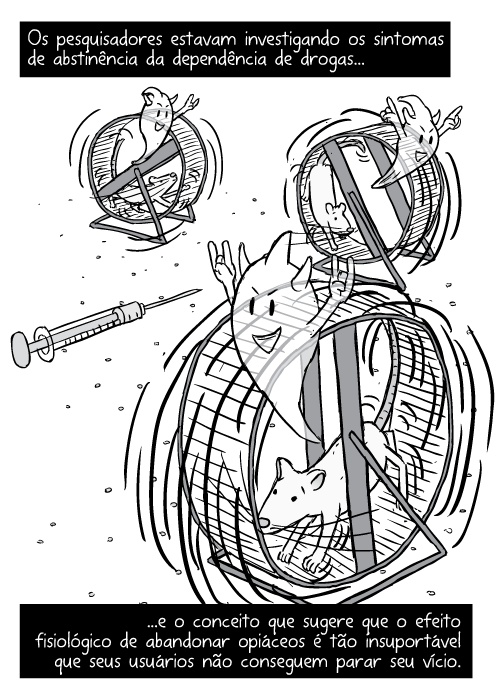 Desenho ratos correndo rodas. Cartum demônios fantasmas sobre ratos. Os pesquisadores estavam investigando os sintomas de abstinência da dependência de drogas...e o conceito que sugere que o efeito fisiológico de abandonar opiáceos é tão insuportável que seus usuários não conseguem parar seu vício.