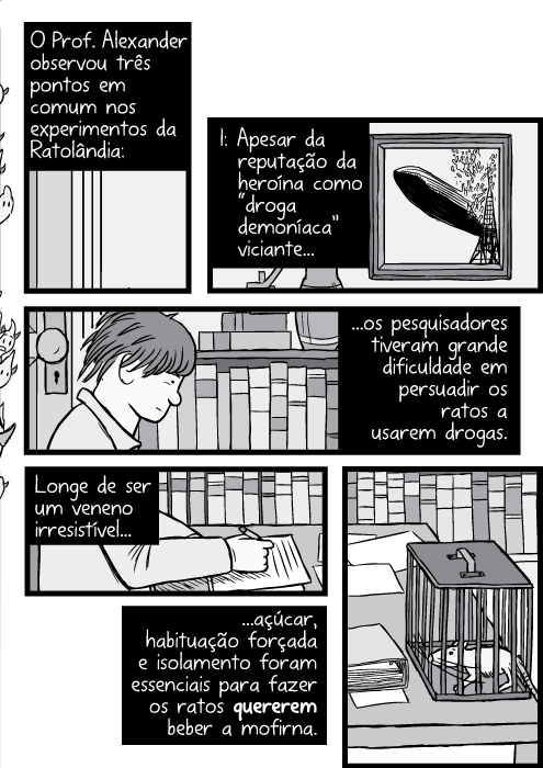 Cartum Bruce Alexander homem sentado em escritório na escrivaninha. O Prof. Alexander observou três pontos em comum nos experimentos da Ratolândia: I: Apesar da reputação da heroína como “droga demoníaca” viciante...os pesquisadores tiveram grande dificuldade em persuadir os ratos a usarem drogas. Longe de ser um veneno irresistível...açúcar, habituação forçada e isolamento foram essenciais para fazer os ratos quererem beber a mofirna.