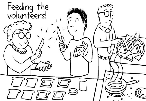 Cartoon volunteers making sandwiches. Feeding the volunteers drawing.