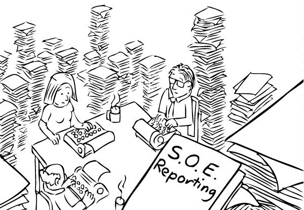 High angle drawing of workers at desk, typing on typewriters. Surrounded by stacks of paper.