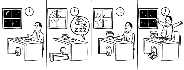Cartoon sequence of man sleeping under desk in the office.