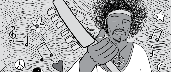 Cartoon low angle Jimi Hendrix playing guitar black and white.