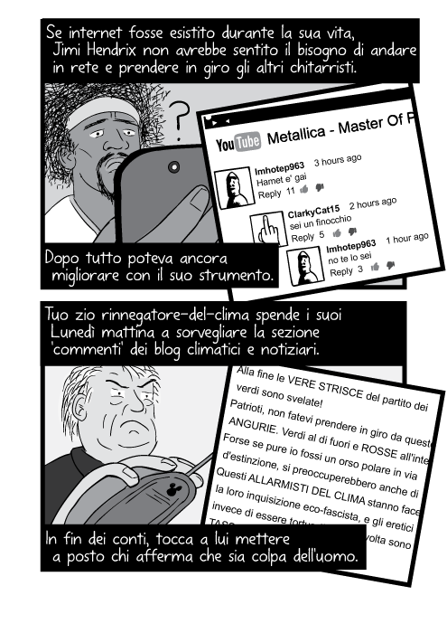 Se internet fosse esistito durante la sua vita, Jimi Hendrix non avrebbe sentito il bisogno di andare in rete e prendere in giro gli altri chitarristi. Tuo zio rinnegatore-del-clima spende i suoi Lunedì mattina a sorvegliare la sezione 'commenti' dei blog climatici e notiziari. In fin dei conti, tocca a lui mettere a posto chi afferma che sia colpa dell'uomo. Alla fine le VERE STRISCE del partito dei verdi sono svelate! Patrioti, non fatevi prendere in giro da queste ANGURIE. Verdi al di fuori e ROSSE all'interno. Forse se pure io fossi un orso polare in via d'estinzione, si preoccuperebbero anche di ME.