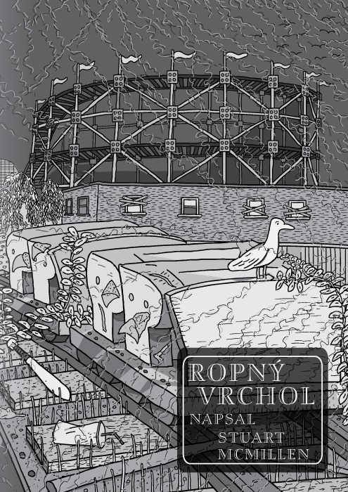 Komiks Stuarta McMillena s názvem Ropný vrchol . Titulní stránka. Horská dráha od Red House Painters. Černobílá kresba horské dráhy v opuštěném zábavním parku.