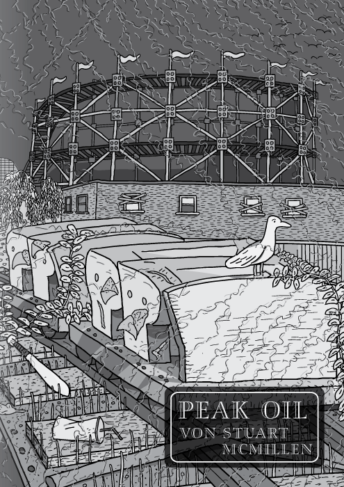 Peak Oil Comic von Stuart McMillen. Titelseite. Rollercoaster von den Red House Painters (intentionality of translation?). SchwarzweißZeichnung eines Achterbahnwagens in einem verlassenen Vergnügungspark.