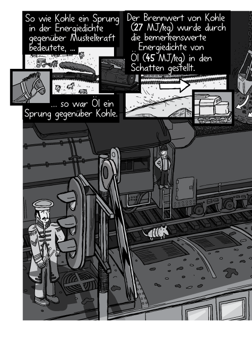 Überblickszeichnung eines Güterbahnhofs mit Signalen. So wie Kohle ein Sprung in der Energiedichte gegenüber Muskelkraft bedeutete, so war Öl ein Sprung gegenüber Kohle. Der Brennwert von Kohle (27 MJ/kg) wurde durch die bemerkenswerte Energiedichte von Öl (45 MJ/kg) in den Schatten gestellt.