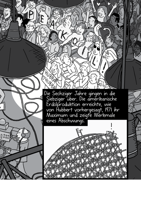 Blick auf das Publikum der Talkshow. Die Sechziger Jahre gingen in die Siebziger über. Die amerikanische Erdölproduktion erreichte, wie von Hubbert vorhergesagt, 1971 ihr Maximum und zeigte Merkmale eines Abschwungs.