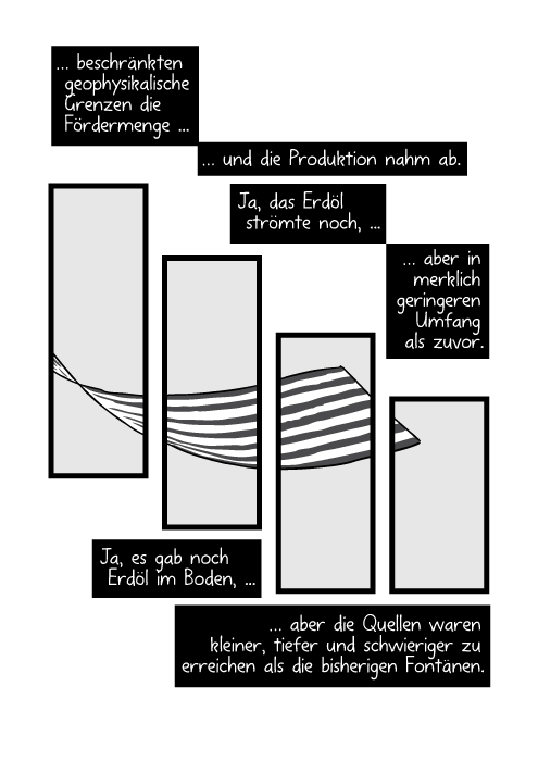 … beschränkten geophysikalische Grenzen die Fördermenge und die Produktion nahm ab. Ja, das Erdöl strömte noch, aber in merklich geringeren Umfang als zuvor. Ja, es gab noch Erdöl im Boden, aber die Quellen waren kleiner, tiefer und schwieriger zu erreichen als die bisherigen Fontänen.