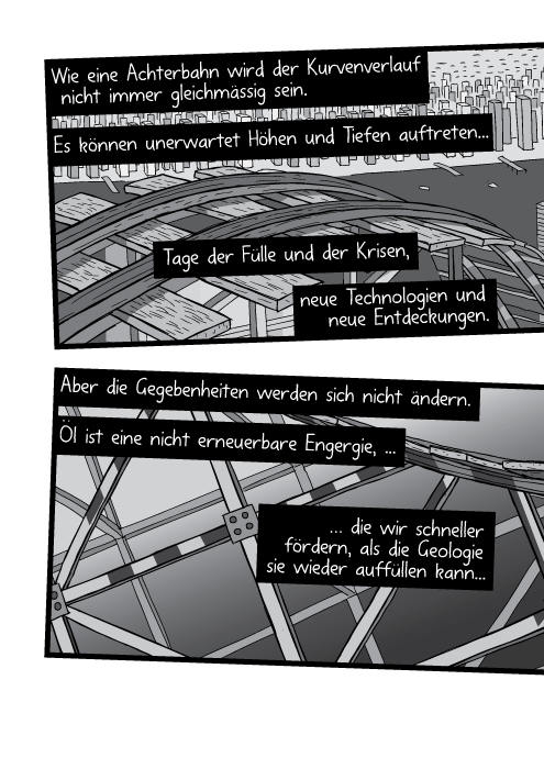 Wie eine Achterbahn wird der Kurvenverlauf nicht immer gleichmässig sein. Es können unerwartet Höhen und Tiefen auftreten... Tage der Fülle und der Krisen, neue Technologien und neue Entdeckungen. Aber die Gegebenheiten werden sich nicht ändern. Öl ist eine nicht erneuerbare Engergie, die wir schneller fördern, als die Geologie sie wieder auffüllen kann.