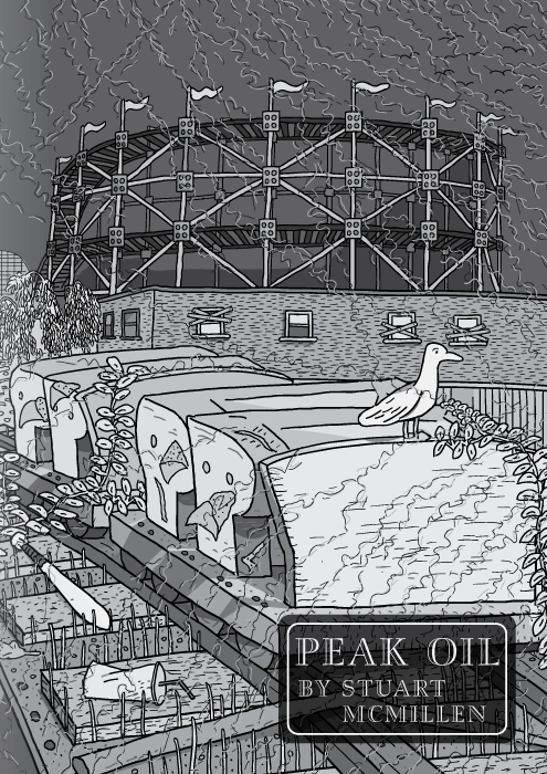 Peak Oil comic by Stuart McMillen. Title page. Rollercoaster by Red House Painters. Black and white drawing of roller coaster car at abandoned amusement park.