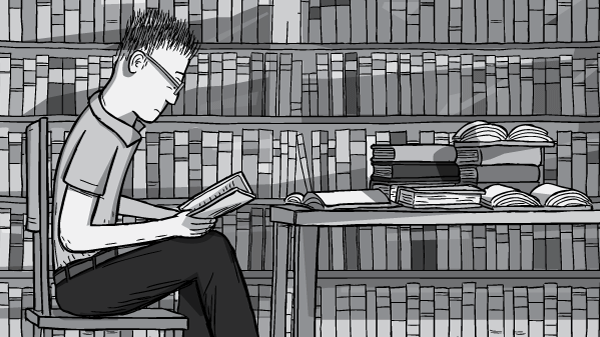 Cartoon student with glasses sitting at a desk in a library. Reading a book and studying in front of the library book shelves. Black and white drawing of young man reading.