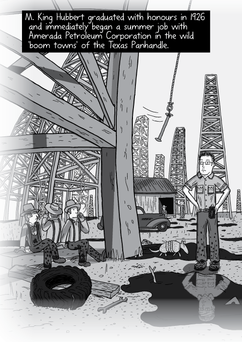 Panorama illustration oil fields. Black and white cartoon of workers sitting under oil derricks. M. King Hubbert graduated with honours in 1926 and immediately began a summer job with Amerada Petroleum Corporation in the wild 'boom towns' of the Texas Panhandle.