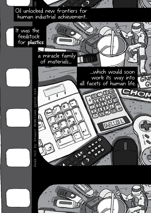 Cartoon messy table of plastic keyboard, computer mouse, remote control, calculator illustration. Oil unlocked new frontiers for human industrial achievement. It was the feedstock for plastics: a miracle family of materials... ...which would soon work its way into all facets of human life.