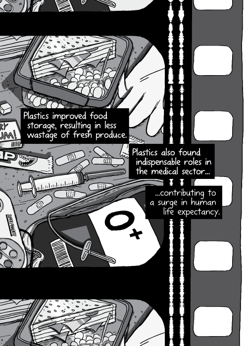 Black and white illustration of medical supplies. Cartoon blood bag, gloves. Plastics improved food storage, resulting in less wastage of fresh produce. Plastics also found indispensable roles in the medical sector... ...contributing to a surge in human life expectancy.