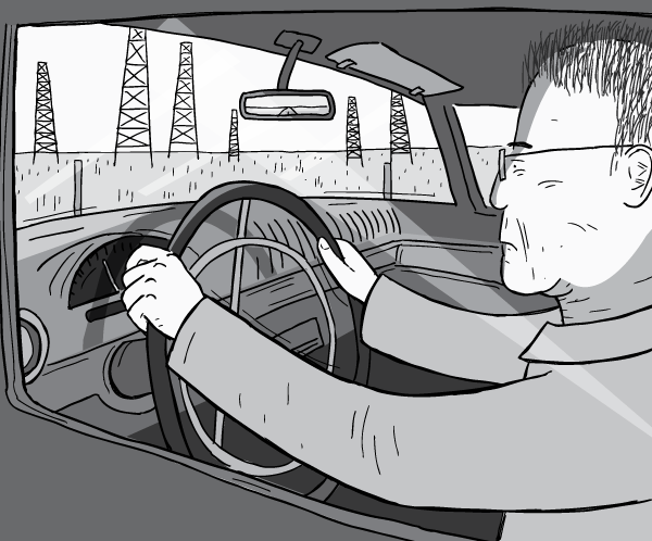 Drawing of a man driving a car. Side view of M. King Hubbert driving a 1956 Ford Thunderbird on a highway past oil derricks. Side view of Ford Thunderbird interior. Man looking ahead concentrating while driving.