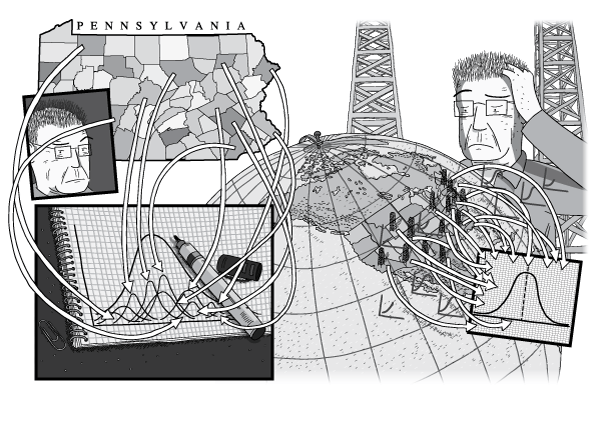 Comic man standing next to large globe of North America, looking at arrows illustrating the Peak Oil concept. Geologist M. King Hubbert thinks about Peak Oil, scratching his head.