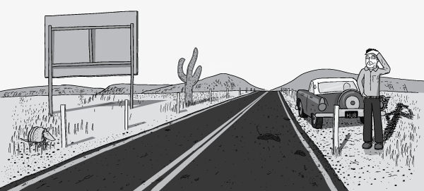 Man standing on the side of a desert highway, shielding his eyes from the sun with his hand. Drawing of roadside billboard, cactuses and armadillo in middle of desert scene. Broken down car: 1956 Ford Thunderbird.