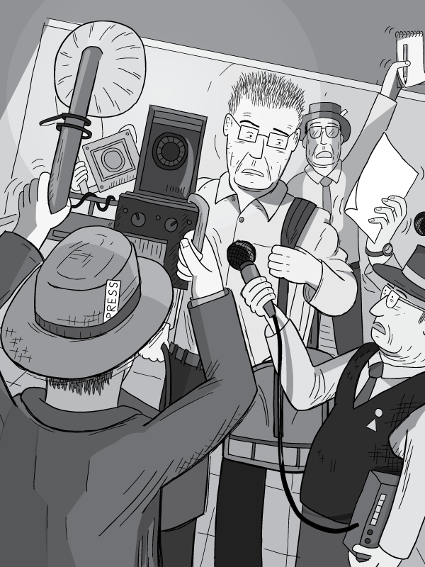 Man being ambushed by journalists. Media scrum of reporters and photographers surrounding a surprised man carrying a bag into hotel lobby. Dutch angle drawing of cartoon paparazzi with press card in hat.