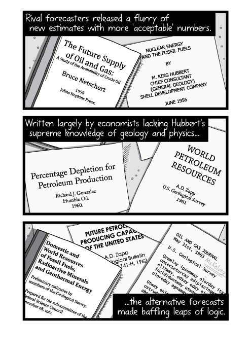 Illustration of pile of books and academic papers on tabletop. Rival forecasters released a flurry of new estimates with more 'acceptable' numbers. Written largely by economists lacking Hubbert's supreme knowledge of geology and physics... ...the alternative forecasts made baffling leaps of logic.